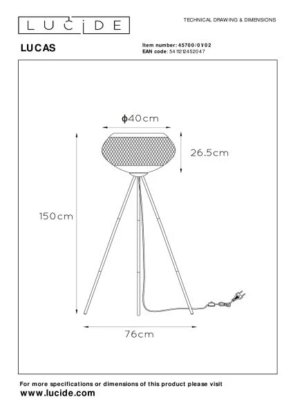 Lucide LUCAS - Stehlampe - Ø 40 cm - 1xE27 - Mattes Gold / Messing - TECHNISCH